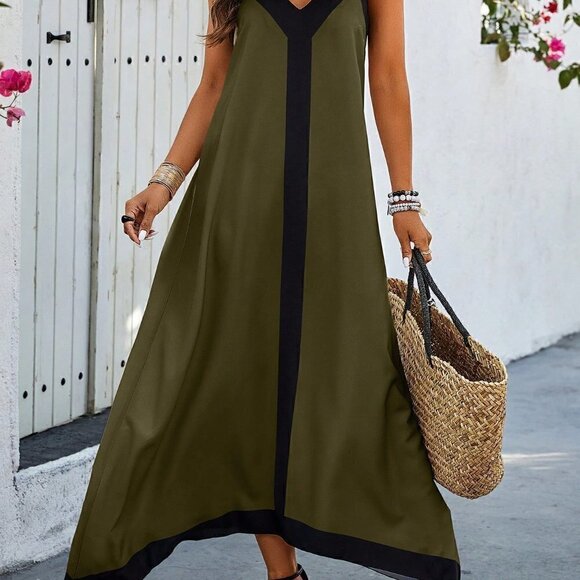 Army Green Casual Women's Color Block Spaghetti Strap Dress - Picture 5 of 5